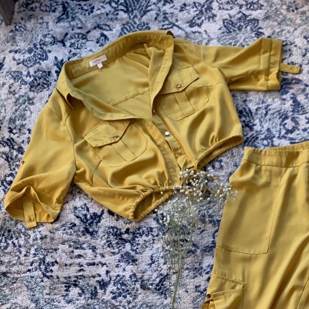 Yellow Crop Top and Pants Set Military Style
